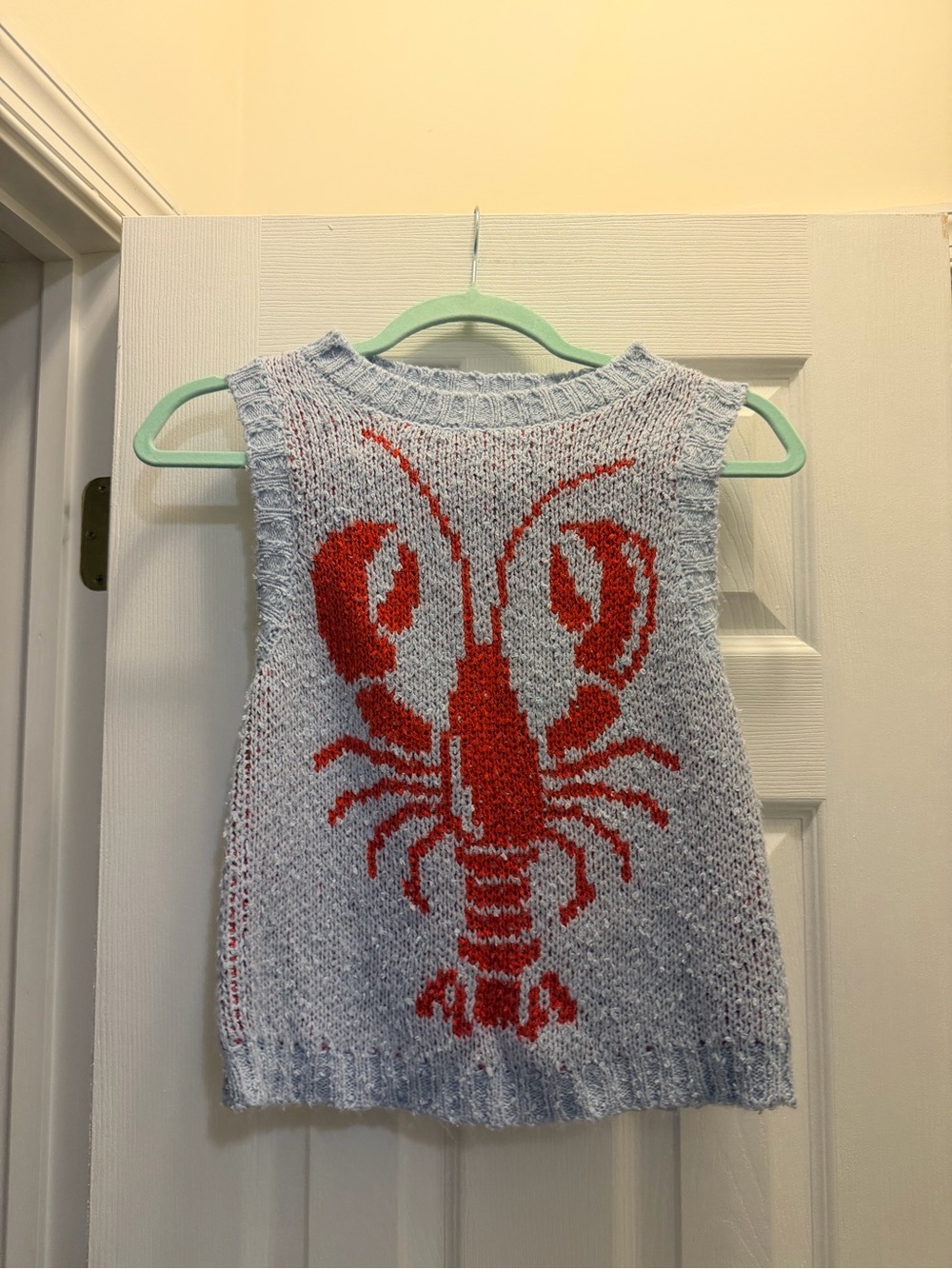 Sleeveless women’s  Lobster Knit Tank - Light Blue with Red Graphic